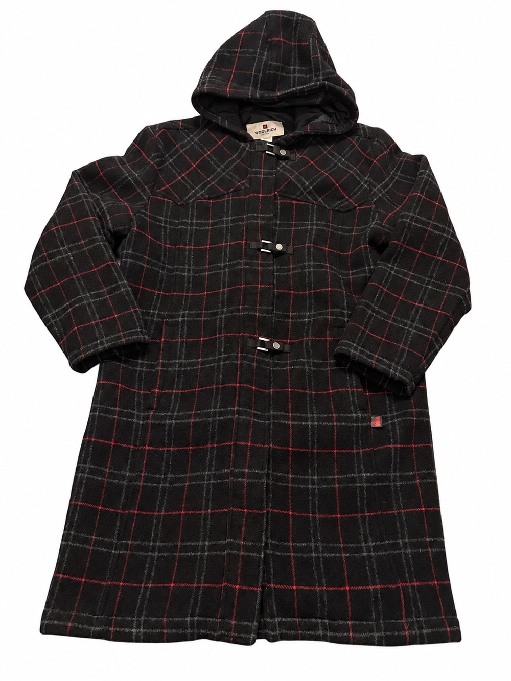 Woolrich Women’s L Black Red Plaid Wool Blend Hooded Toggle Duffle Coat
